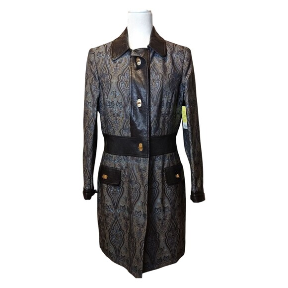 New Etcetera Brown Tapestry Women's Long Twist Lock Marmont Jacket Size 10